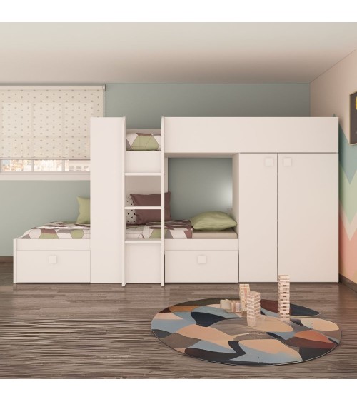 Letto a castello 1277 reversibile con due cassetti e armadio colore bianco