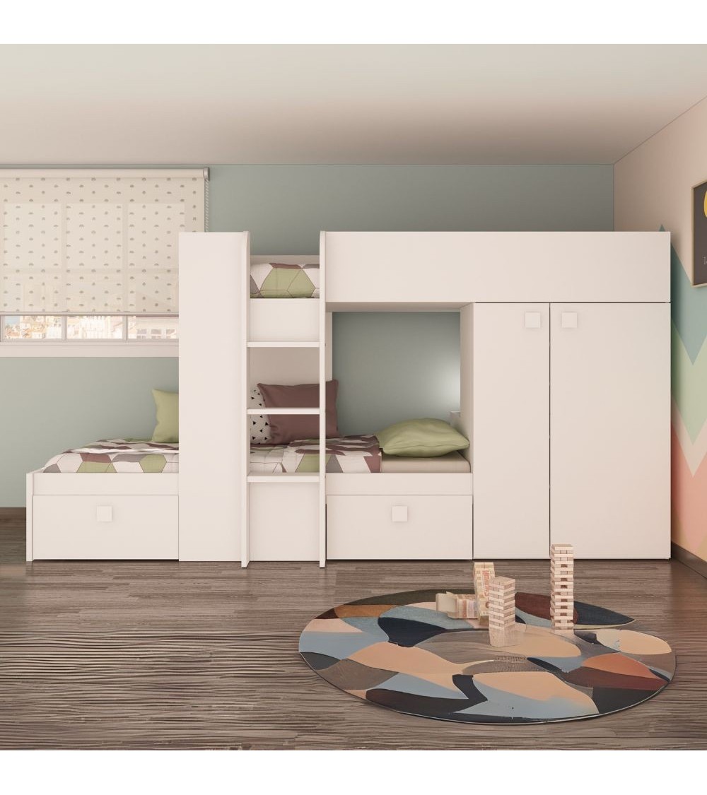 Letto a castello 1277 reversibile con due cassetti e armadio colore bianco