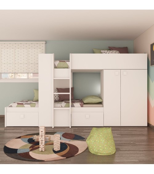 Letto a castello 1277 reversibile con due cassetti e armadio colore bianco
