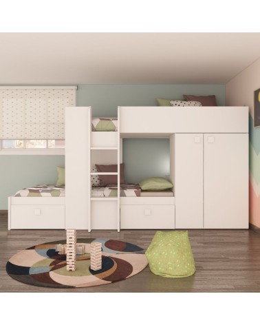 Letto a castello 1277 reversibile con due cassetti e armadio colore bianco