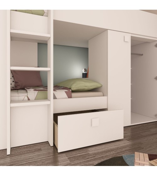 Letto a castello 1277 reversibile con due cassetti e armadio colore bianco