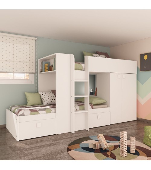 Letto a castello 1277 reversibile con due cassetti e armadio colore bianco