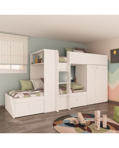 Letto a castello 1277 reversibile con due cassetti e armadio colore bianco