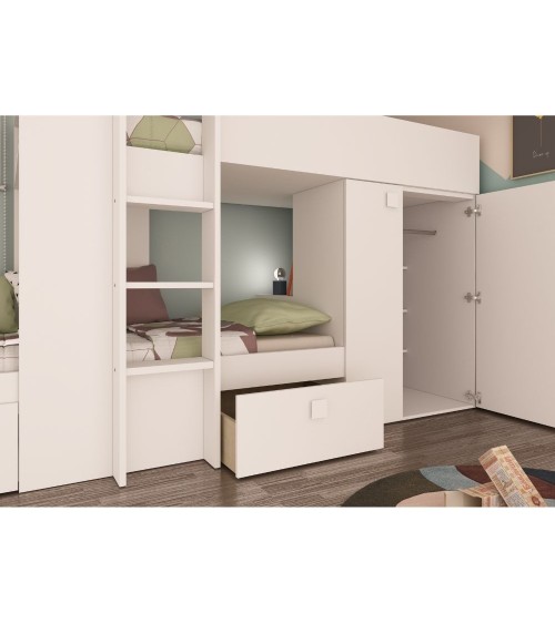 Letto a castello 1277 reversibile con due cassetti e armadio colore bianco
