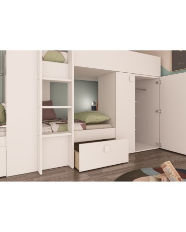 Letto a castello 1277 reversibile con due cassetti e armadio colore bianco