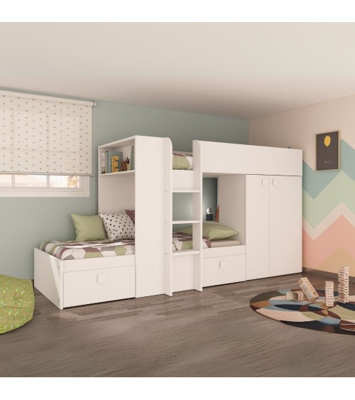 Letto a castello 1277 reversibile con due cassetti e armadio colore bianco