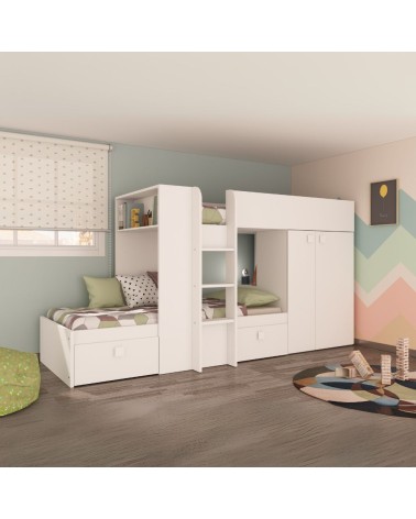 Letto a castello 1277 reversibile con due cassetti e armadio colore bianco