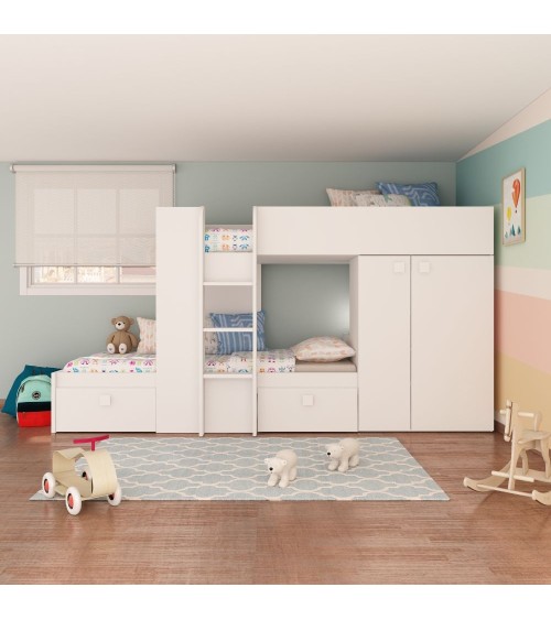 Letto a castello 1277 reversibile con due cassetti e armadio colore bianco