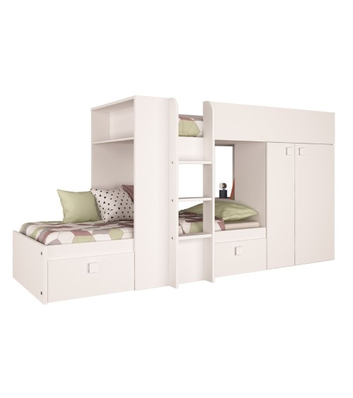 Letto a castello 1277 reversibile con due cassetti e armadio colore bianco