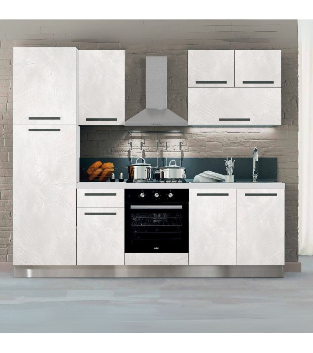 Cucina bloccata Molly con cassa bianca e base e pensili spatolato 255x216H cm elettrodomestici inclusi