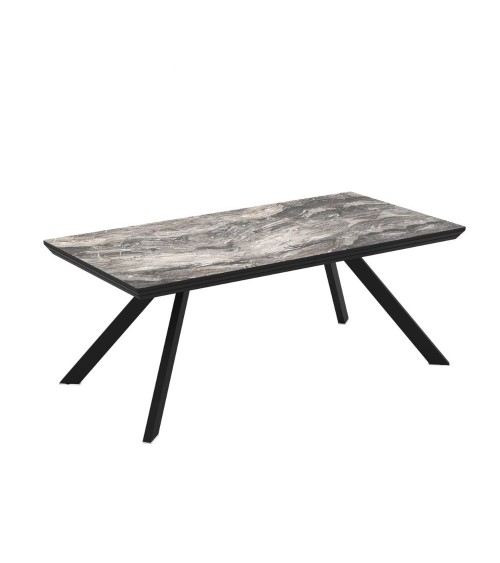 Tavolo allungabile Corin con piano effetto marmo nero arabesque lucido e gambe in metallo nero