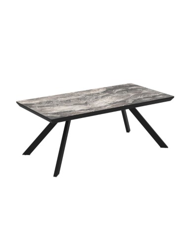 Tavolo allungabile Corin con piano effetto marmo nero arabesque lucido e gambe in metallo nero