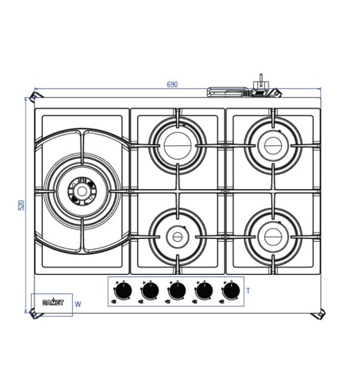 Piano cottura Samet Dafne70 a gas da incasso 5 fuochi 70 cm in vetro bianco
