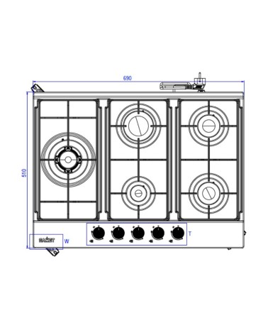 Piano cottura Ercole2 a gas da incasso 5 fuochi 70 cm. in acciaio inox