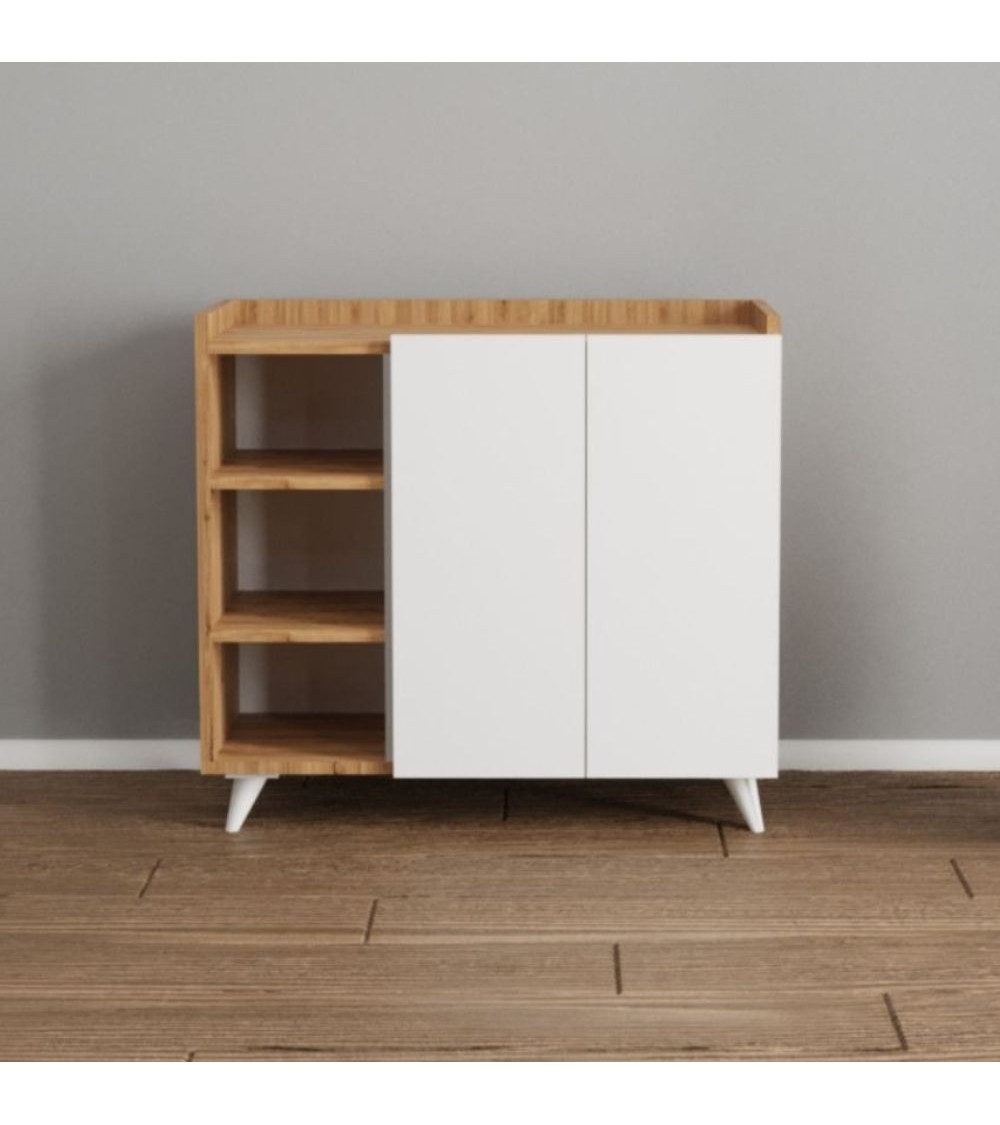 Madia Alary con vani a giorno rovere e ante bianche 90x35x82 cm.