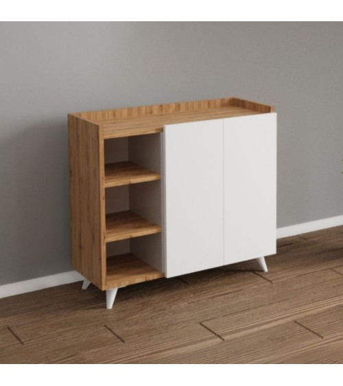 Madia Alary con vani a giorno rovere e ante bianche 90x35x82 cm.
