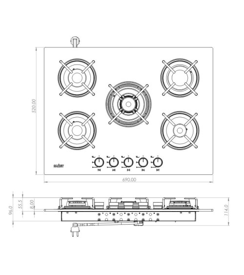 Piano cottura Samet Minerva 70 da incasso a gas 5 fuochi con manopole nere in vetro nero