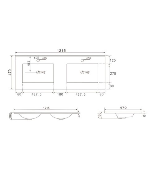 Lavabo da appoggio 20331 in ceramica due vasche 121.5x47 cm colore bianco