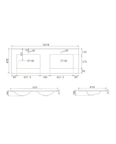 Lavabo da appoggio 20331 in ceramica due vasche 121.5x47 cm colore bianco