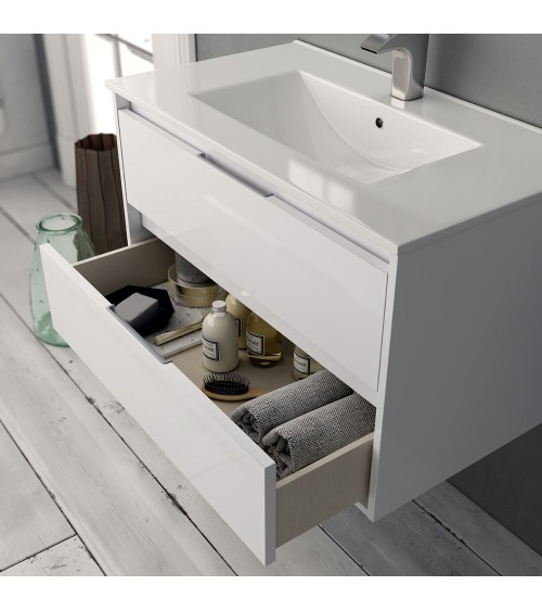 Mobile bagno sospeso Bolton con 2 cassetti 60x45x48 cm colore bianco laccato lucido
