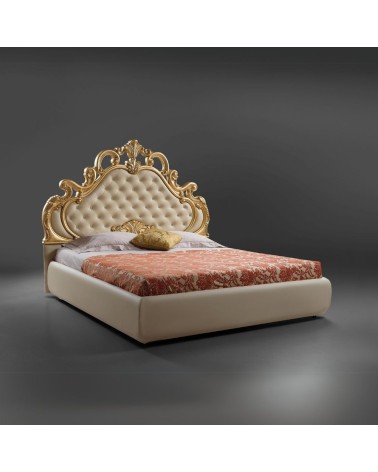 Letto matrimoniale imbottito Aleksandra in stile barocco con contenitore in ecopelle in crema inserti in oro e pietre cristallo