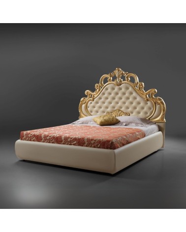 Letto matrimoniale imbottito Aleksandra in stile barocco con contenitore in ecopelle in crema inserti in oro e pietre cristallo