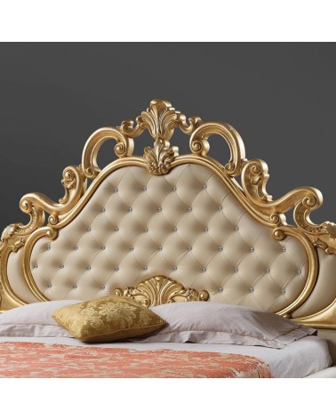 Letto matrimoniale imbottito Aleksandra in stile barocco con contenitore in ecopelle in crema inserti in oro e pietre cristallo