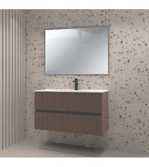 Mobile da bagno sospeso Belfast con due cassetti colore noce effetto cannettato