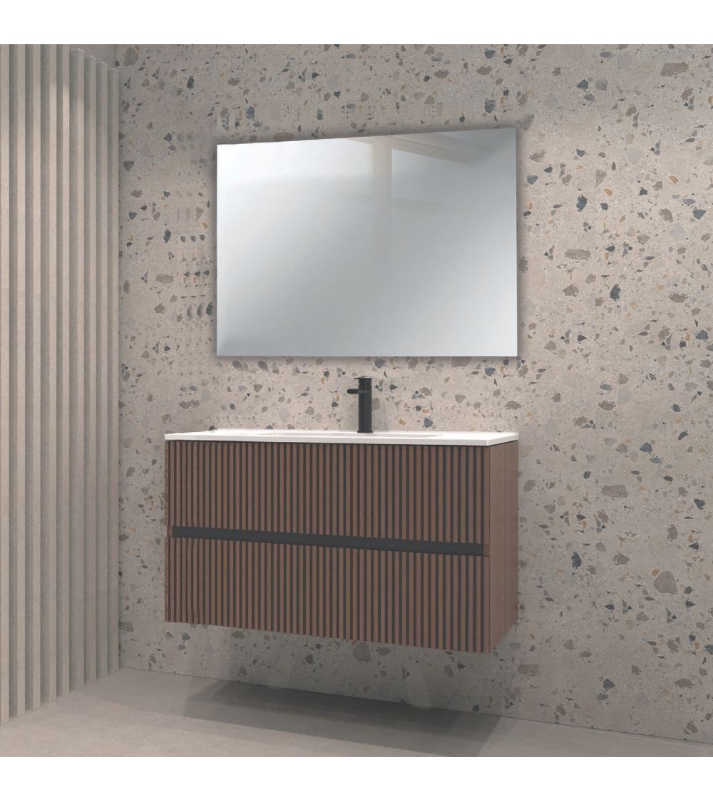 Mobile da bagno sospeso Belfast con due cassetti colore noce effetto cannettato