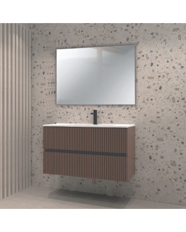 Mobile da bagno sospeso Belfast con due cassetti colore noce effetto cannettato