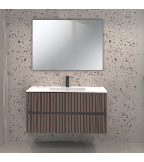 Mobile da bagno sospeso Belfast con due cassetti colore noce effetto cannettato