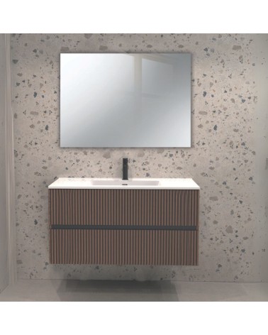 Mobile da bagno sospeso Belfast con due cassetti colore noce effetto cannettato