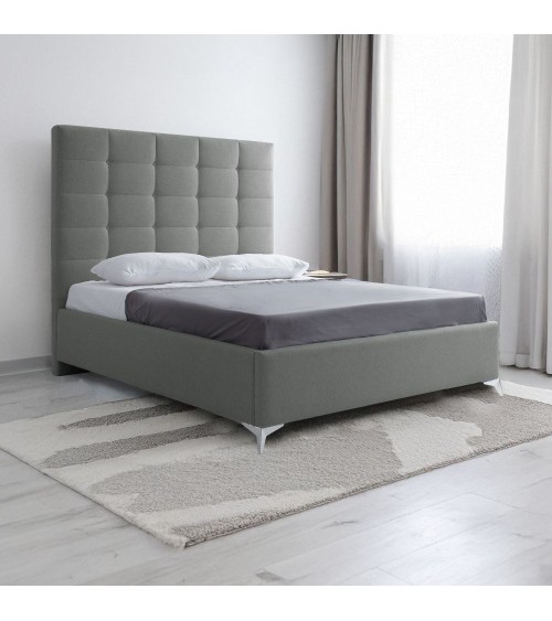 Letto matrimoniale Napoli Grande imbottito con contenitore in tessuto barrel 83 grigio chiaro con bottoni