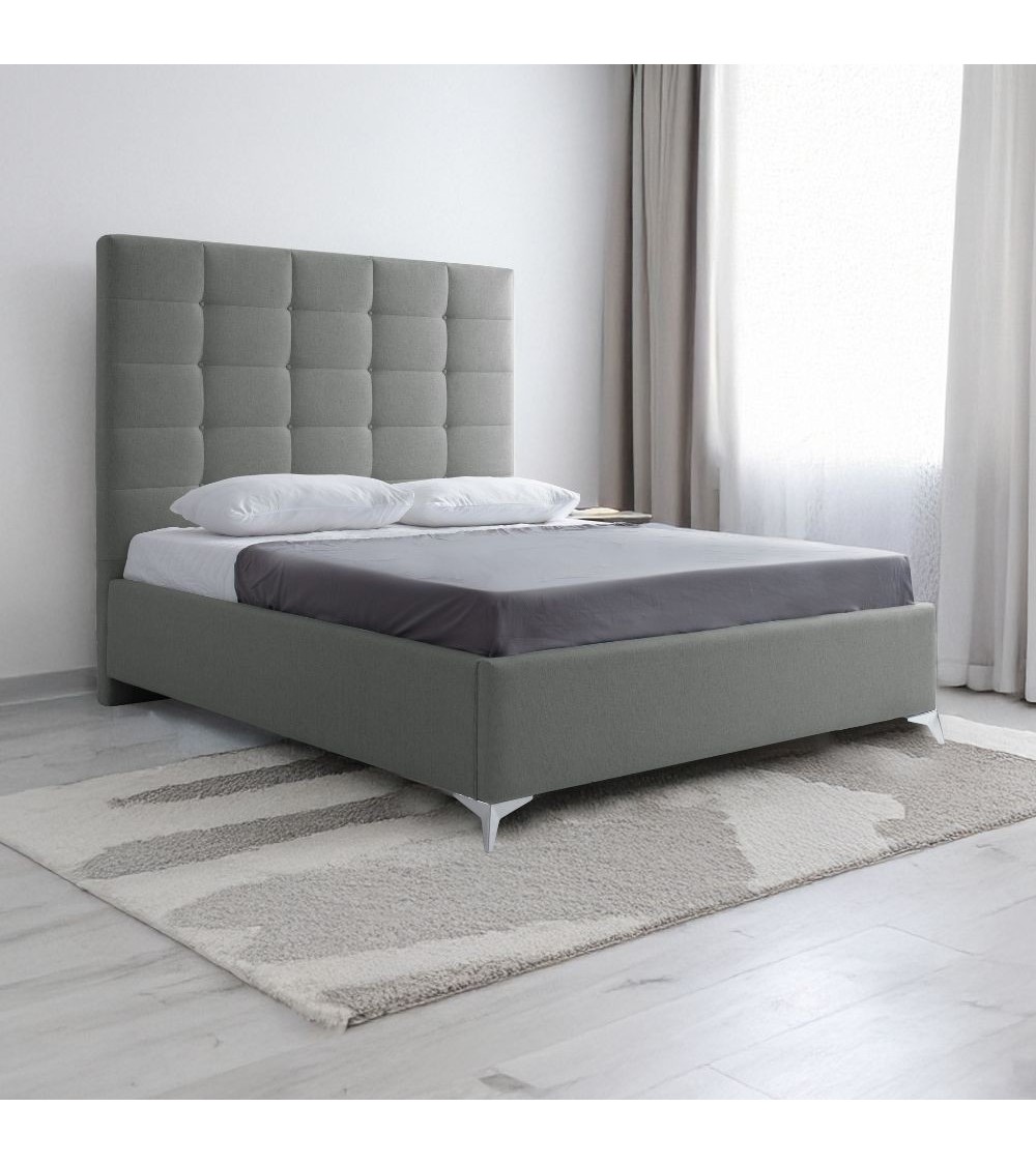 Letto matrimoniale Napoli Grande imbottito con contenitore in tessuto barrel 83 grigio chiaro con bottoni