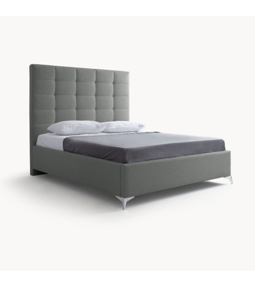 Letto matrimoniale Napoli Grande imbottito con contenitore in tessuto barrel 83 grigio chiaro con bottoni
