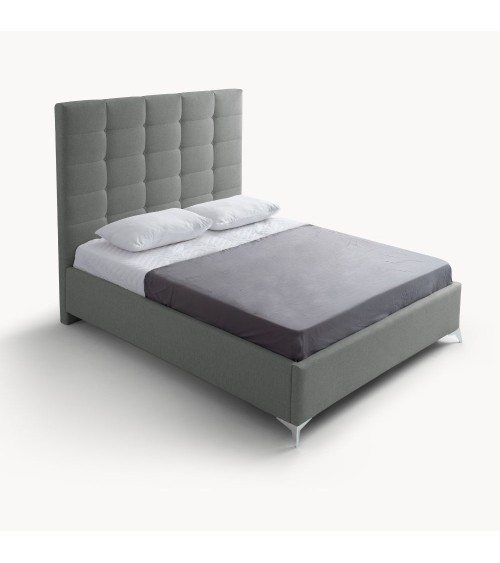 Letto matrimoniale Napoli Grande imbottito con contenitore in tessuto barrel 83 grigio chiaro con bottoni