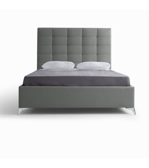 Letto matrimoniale Napoli Grande imbottito con contenitore in tessuto barrel 83 grigio chiaro con bottoni