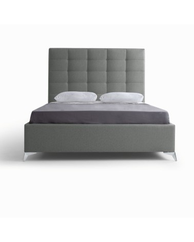 Letto matrimoniale Napoli Grande imbottito con contenitore in tessuto barrel 83 grigio chiaro con bottoni