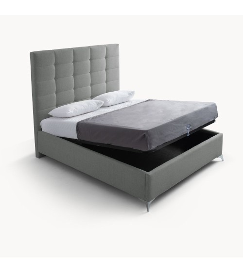 Letto matrimoniale Napoli Grande imbottito con contenitore in tessuto barrel 83 grigio chiaro con bottoni