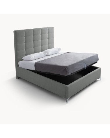 Letto matrimoniale Napoli Grande imbottito con contenitore in tessuto barrel 83 grigio chiaro con bottoni