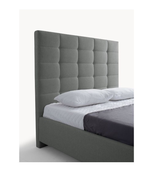 Letto matrimoniale Napoli Grande imbottito con contenitore in tessuto barrel 83 grigio chiaro con bottoni