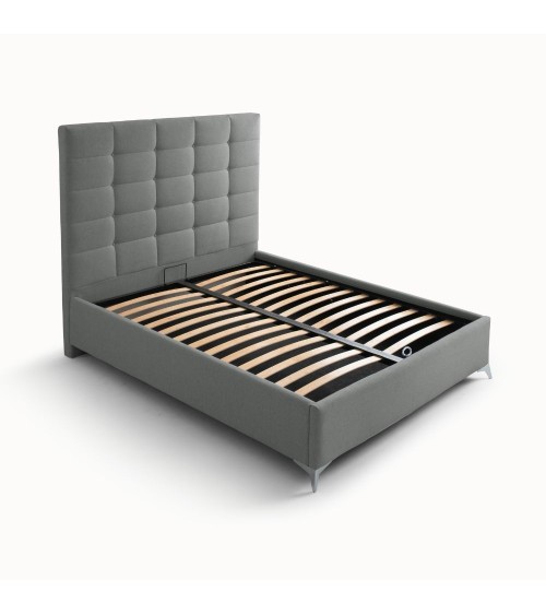 Letto matrimoniale Napoli Grande imbottito con contenitore in tessuto barrel 83 grigio chiaro con bottoni