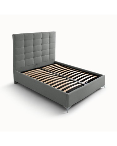 Letto matrimoniale Napoli Grande imbottito con contenitore in tessuto barrel 83 grigio chiaro con bottoni