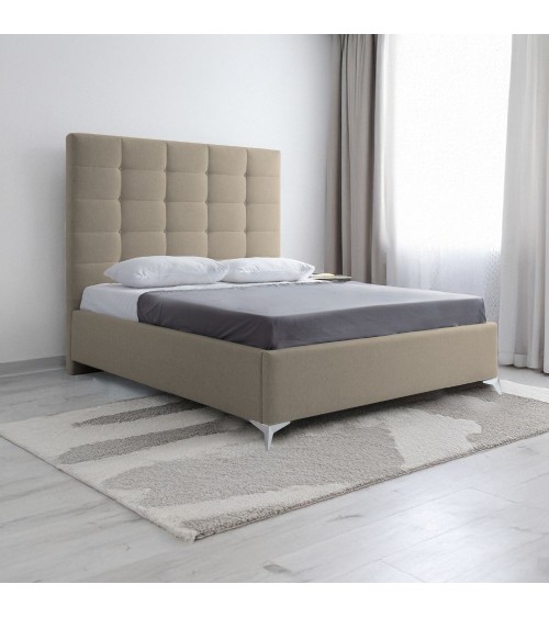 Letto matrimoniale Napoli Grande imbottito con contenitore in tessuto barrel 09 cappuccino con bottoni