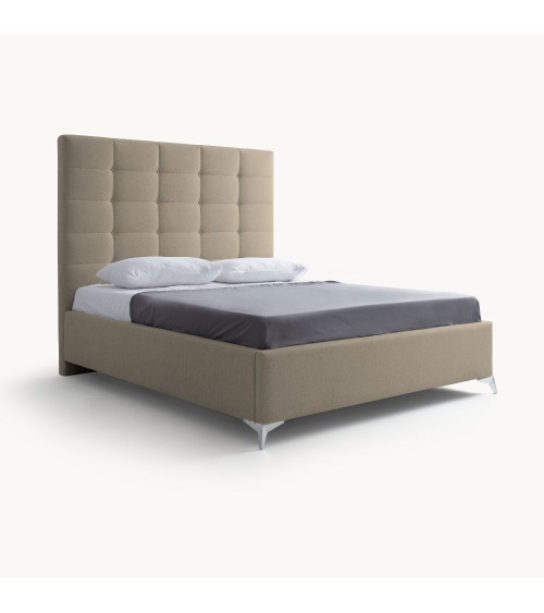 Letto matrimoniale Napoli Grande imbottito con contenitore in tessuto barrel 09 cappuccino con bottoni
