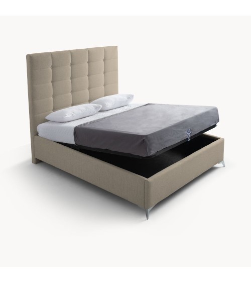 Letto matrimoniale Napoli Grande imbottito con contenitore in tessuto barrel 09 cappuccino con bottoni