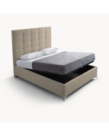 Letto matrimoniale Napoli Grande imbottito con contenitore in tessuto barrel 09 cappuccino con bottoni