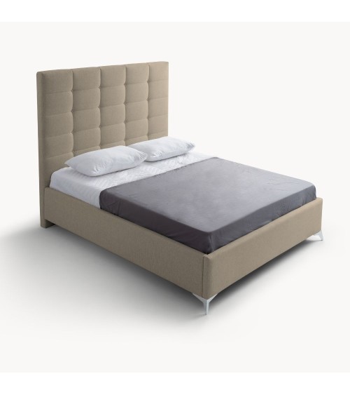 Letto matrimoniale Napoli Grande imbottito con contenitore in tessuto barrel 09 cappuccino con bottoni
