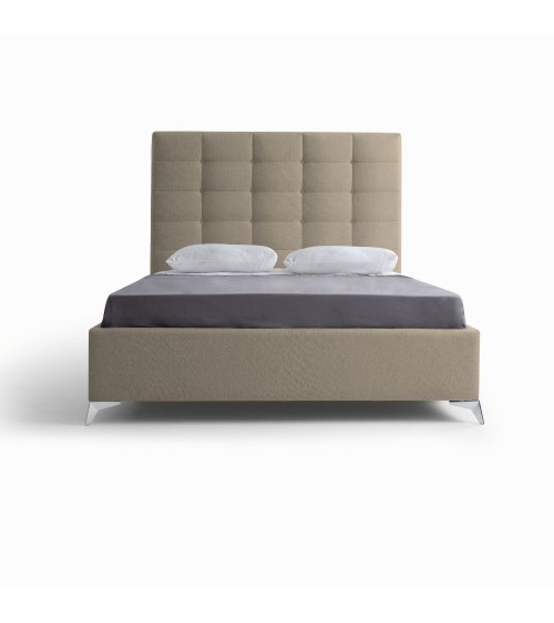 Letto matrimoniale Napoli Grande imbottito con contenitore in tessuto barrel 09 cappuccino con bottoni