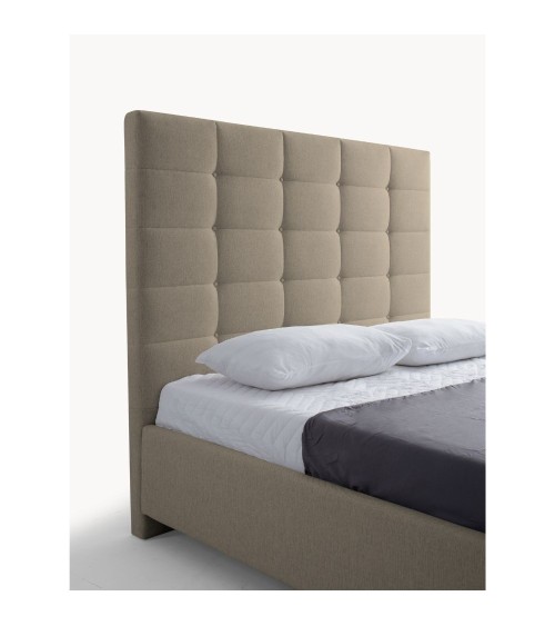 Letto matrimoniale Napoli Grande imbottito con contenitore in tessuto barrel 09 cappuccino con bottoni